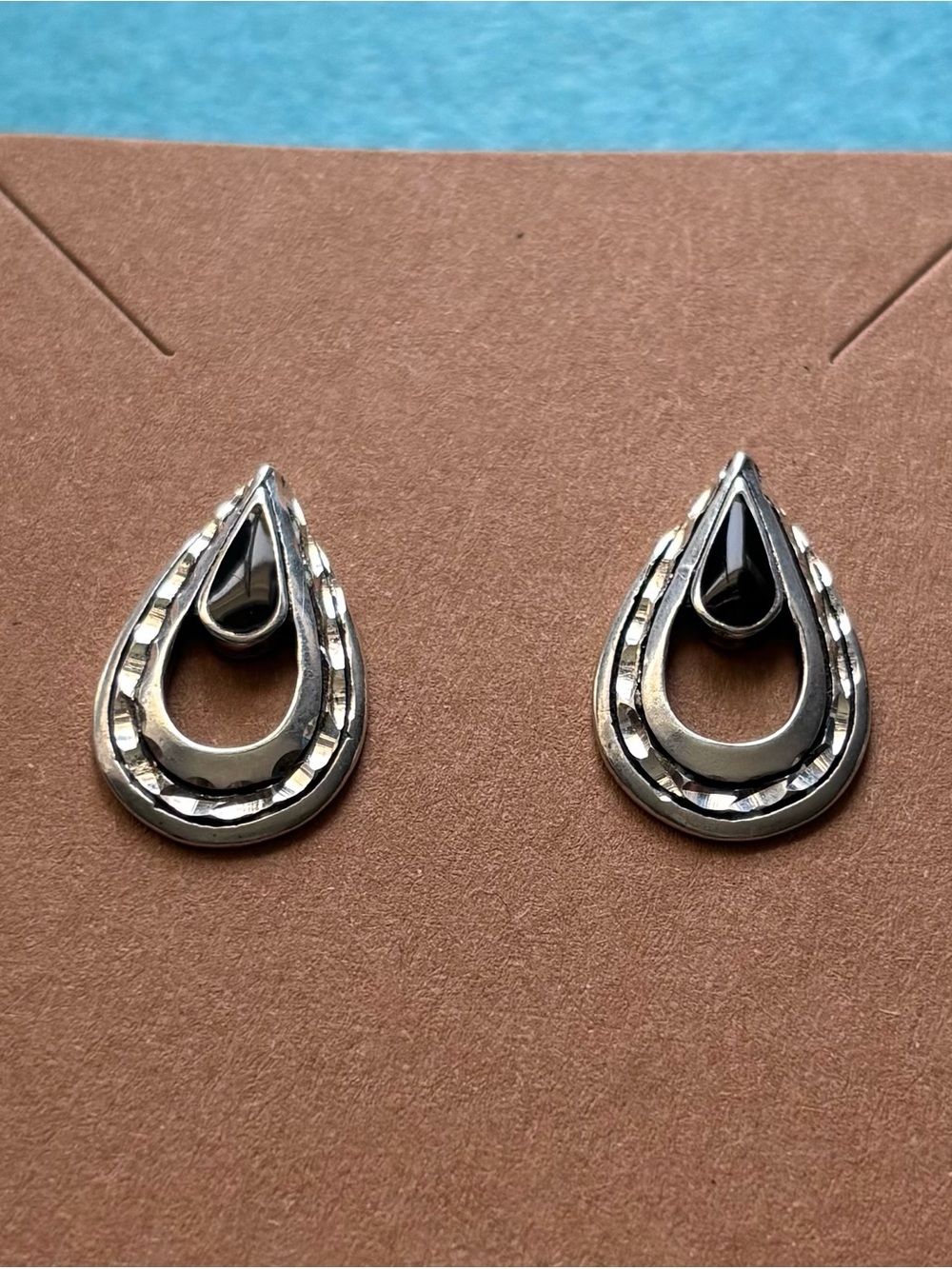 Vintage Sterling Silver Onyx Teardrop Stud Earrings